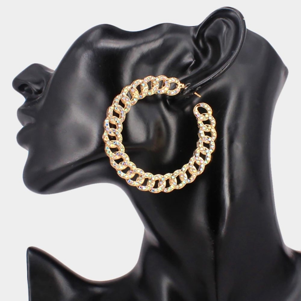 Gold Chain Hoop Earrings 2.25" Rhinestone Crystal Metal Trendy Fashion Jewelry